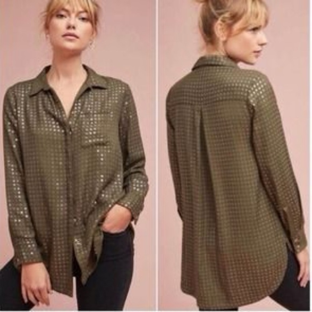 Anthropologie mauve‎ Arya Blouse x-Small olive Green Sequin Button Down Shirt